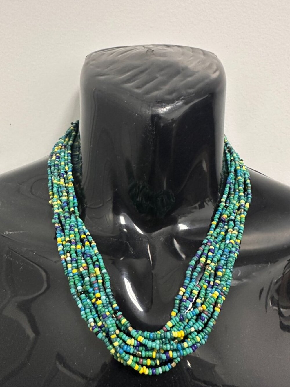 3/$30 Seed Bead Necklace Green Blue Multi Strand Beaded Boho 20.5"